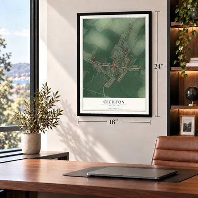 Cecilton, Maryland map, 18 x 24 inch print in a black frame in a home office