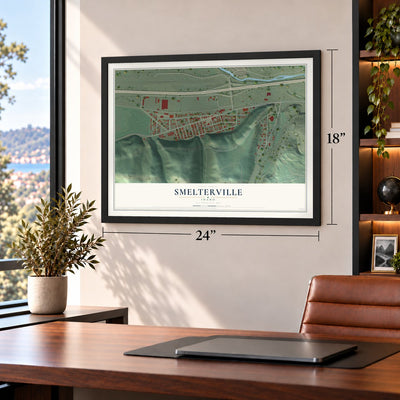 Smelterville, Idaho map, 18 x 24 inch print in a black frame in a home office
