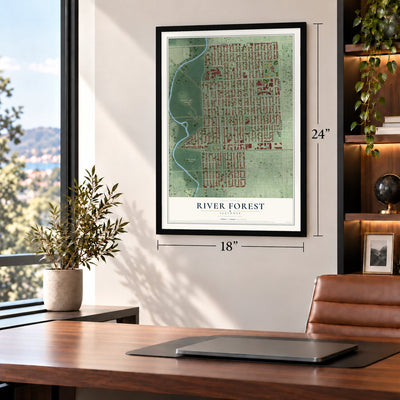 River Forest, Illinois map, 18 x 24 inch print in a black frame in a home office