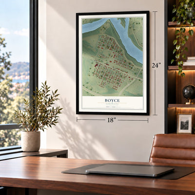 Boyce, Louisiana map, 18 x 24 inch print in a black frame in a home office