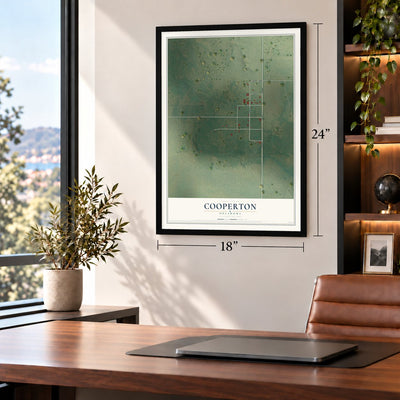 Cooperton, Oklahoma map, 18 x 24 inch print in a black frame in a home office