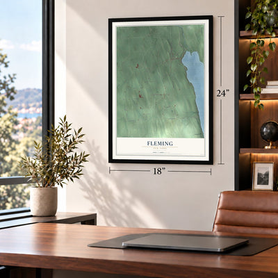 Fleming, New York map, 18 x 24 inch print in a black frame in a home office