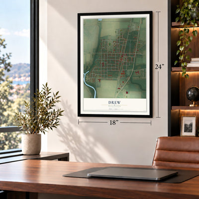 Drew, Mississippi map, 18 x 24 inch print in a black frame in a home office