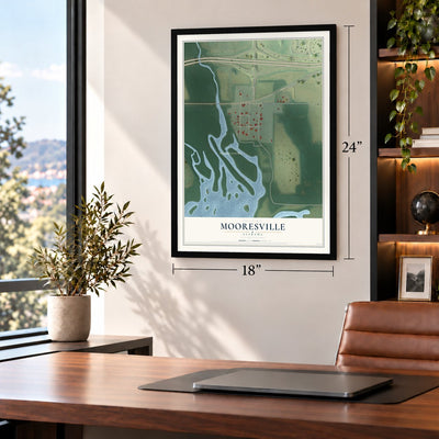 Mooresville, Alabama map, 18 x 24 inch print in a black frame in a home office