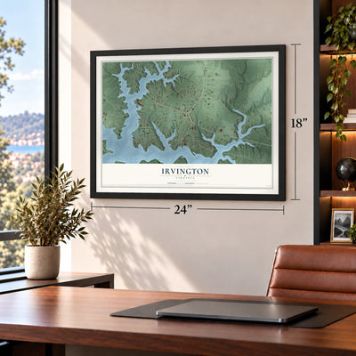 Irvington, Virginia map, 18 x 24 inch print in a black frame in a home office