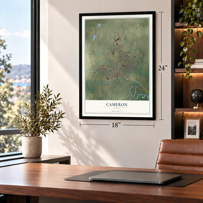 Cameron, Texas map, 18 x 24 inch print in a black frame in a home office