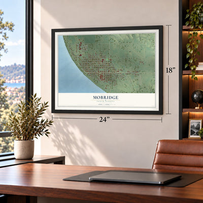 Mobridge, South Dakota map, 18 x 24 inch print in a black frame in a home office