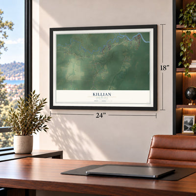 Killian, Louisiana map, 18 x 24 inch print in a black frame in a home office