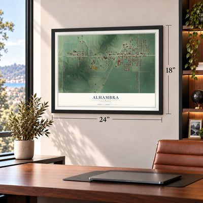 Alhambra, Illinois map, 18 x 24 inch print in a black frame in a home office