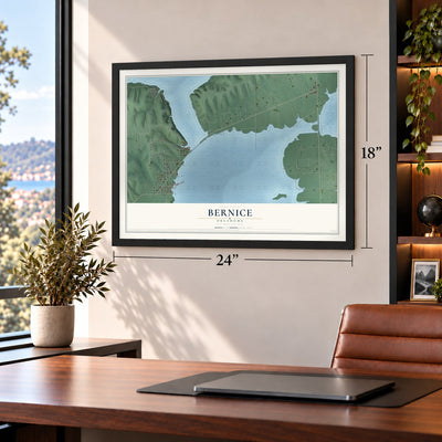 Bernice, Oklahoma map, 18 x 24 inch print in a black frame in a home office