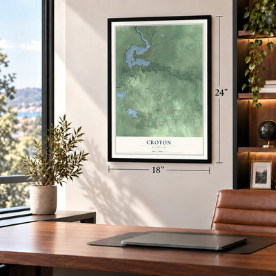 Croton, Michigan map, 18 x 24 inch print in a black frame in a home office