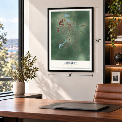 Crossett, Arkansas map, 18 x 24 inch print in a black frame in a home office
