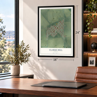 Clarks Hill, Indiana map, 18 x 24 inch print in a black frame in a home office