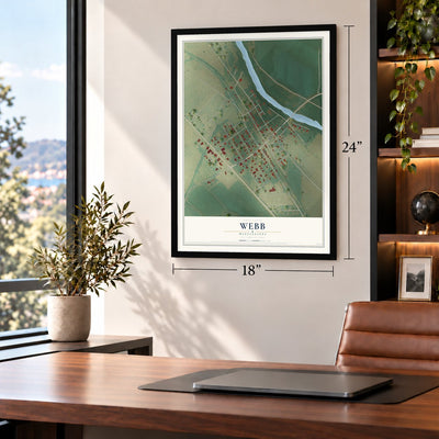 Webb, Mississippi map, 18 x 24 inch print in a black frame in a home office