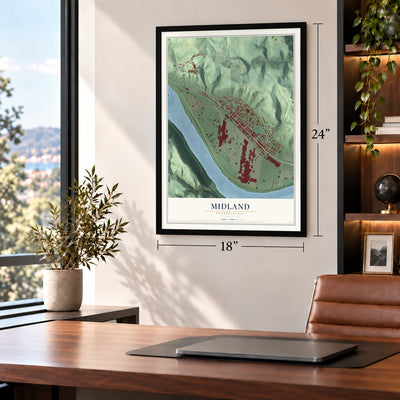 Midland, Pennsylvania map, 18 x 24 inch print in a black frame in a home office