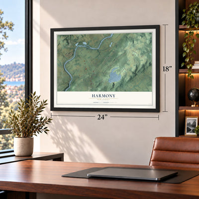 Harmony, New Jersey map, 18 x 24 inch print in a black frame in a home office
