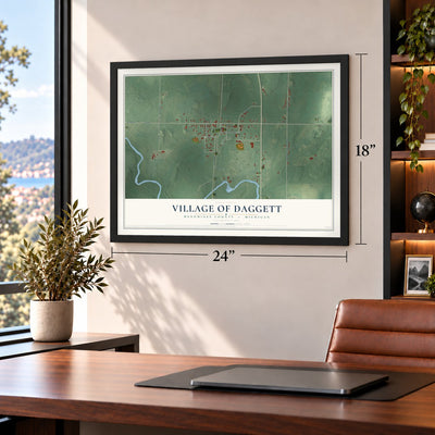 Daggett, Michigan map, 18 x 24 inch print in a black frame in a home office