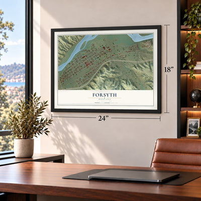 Forsyth, Montana map, 18 x 24 inch print in a black frame in a home office