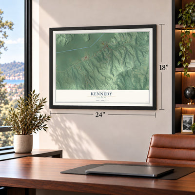 Kennedy, Alabama map, 18 x 24 inch print in a black frame in a home office