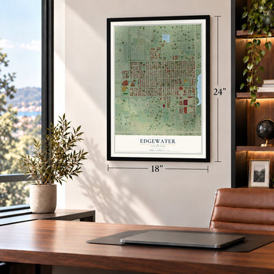 Edgewater, Colorado map, 18 x 24 inch print in a black frame in a home office
