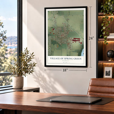 Spring Green, Wisconsin map, 18 x 24 inch print in a black frame in a home office