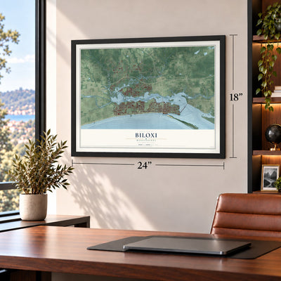Biloxi, Mississippi map, 18 x 24 inch print in a black frame in a home office