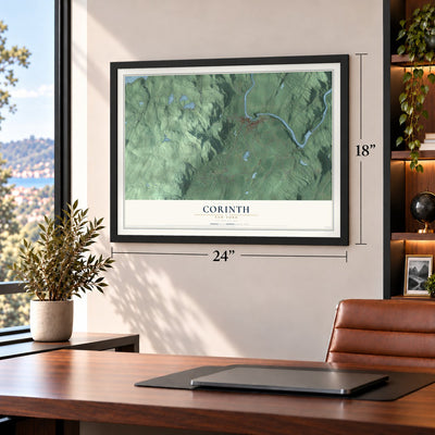Corinth, New York map, 18 x 24 inch print in a black frame in a home office