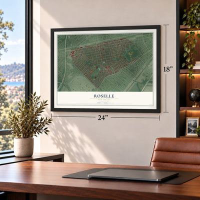Roselle, New Jersey map, 18 x 24 inch print in a black frame in a home office
