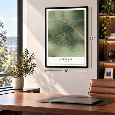 Hunnewell, Missouri map, 18 x 24 inch print in a black frame in a home office