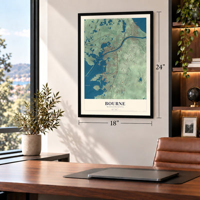 Bourne, Massachusetts map, 18 x 24 inch print in a black frame in a home office