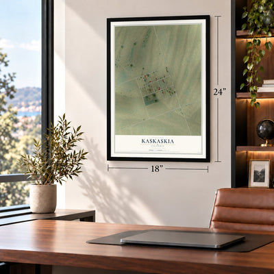 Kaskaskia, Illinois map, 18 x 24 inch print in a black frame in a home office