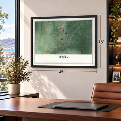 Henry, Tennessee map, 18 x 24 inch print in a black frame in a home office