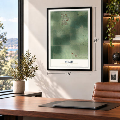 Mead, Nebraska map, 18 x 24 inch print in a black frame in a home office