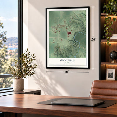 Goodfield, Illinois map, 18 x 24 inch print in a black frame in a home office