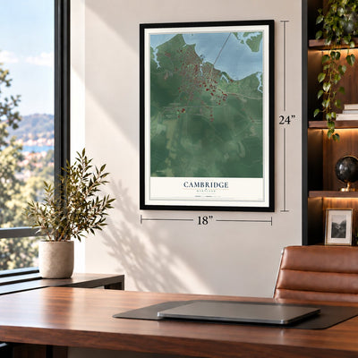 Cambridge, Maryland map, 18 x 24 inch print in a black frame in a home office