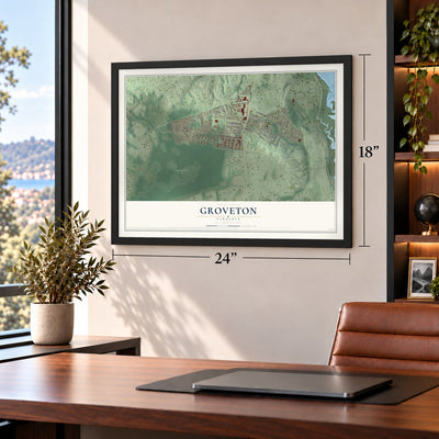 Groveton, Virginia map, 18 x 24 inch print in a black frame in a home office