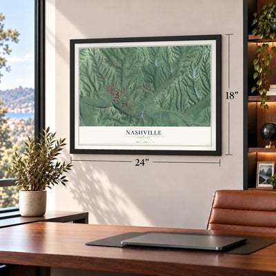 Nashville, Indiana map, 18 x 24 inch print in a black frame in a home office