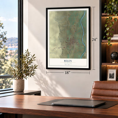 Belen, New Mexico map, 18 x 24 inch print in a black frame in a home office
