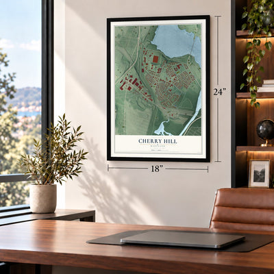 Cherry Hill, Maryland map, 18 x 24 inch print in a black frame in a home office