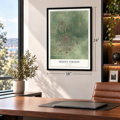 Mount Vernon, Missouri map, 18 x 24 inch print in a black frame in a home office