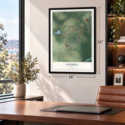 Goshen, Alabama map, 18 x 24 inch print in a black frame in a home office