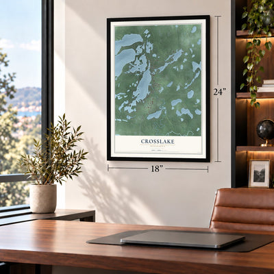 Crosslake, Minnesota map, 18 x 24 inch print in a black frame in a home office