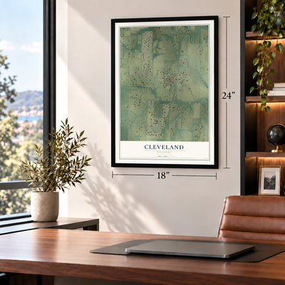 Cleveland, Missouri map, 18 x 24 inch print in a black frame in a home office
