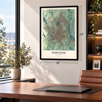 Worcester, Massachusetts map, 18 x 24 inch print in a black frame in a home office