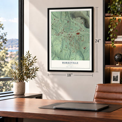 Burkeville, Virginia map, 18 x 24 inch print in a black frame in a home office