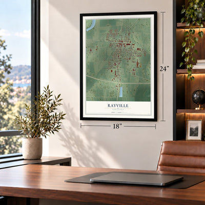 Rayville, Louisiana map, 18 x 24 inch print in a black frame in a home office