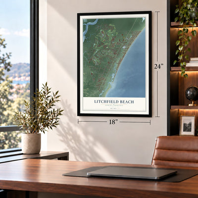 Litchfield Beach, South Carolina map, 18 x 24 inch print in a black frame in a home office