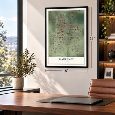 WaKeeney, Kansas map, 18 x 24 inch print in a black frame in a home office
