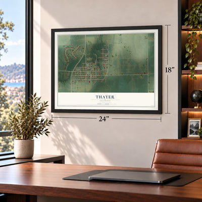 Thayer, Illinois map, 18 x 24 inch print in a black frame in a home office