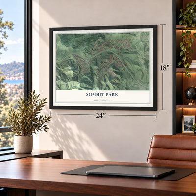 Summit Park, Utah map, 18 x 24 inch print in a black frame in a home office